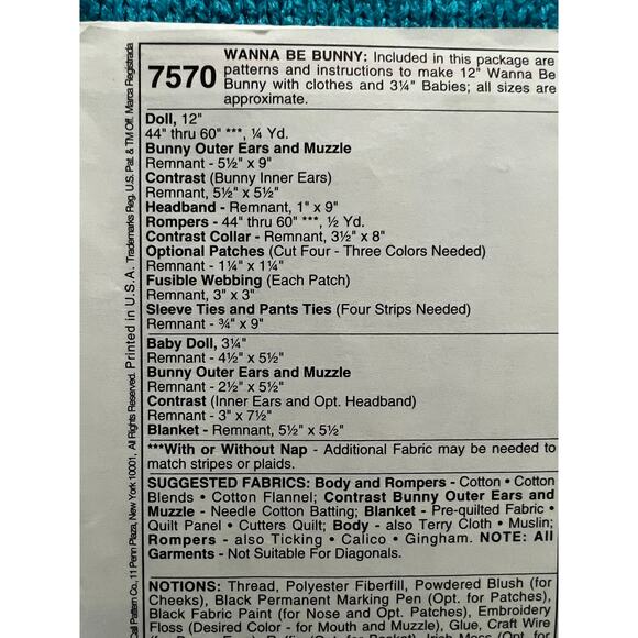 McCalls 757- Sewing pattern country bears in bunny suits 1980s - Picture 3 of 6